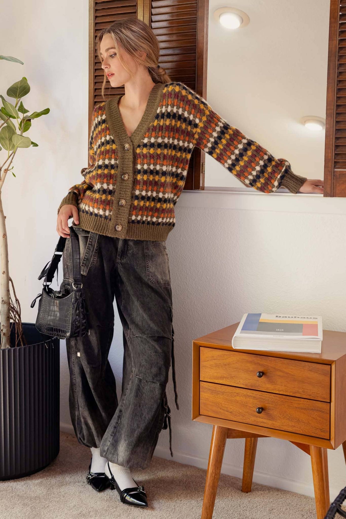 MULTICOLOR BOYFRIEND KNIT CARDIGAN: CHARCOAL MULTI