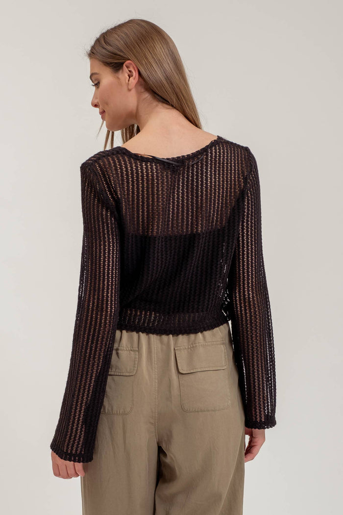 DRAWSTRING LONG SLEEVE SHEER CROCHET TOP: BLACK