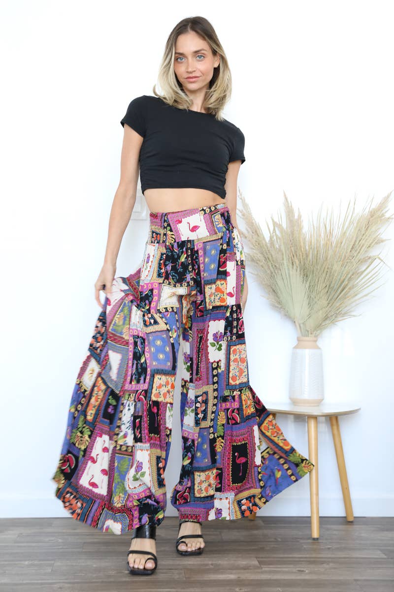 PRINTED WIDE LEG PANTS BLACK