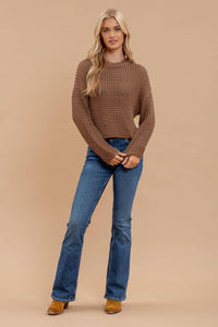 SHEER CREW NECK CROCHET KNIT SWEATER: MOCHA