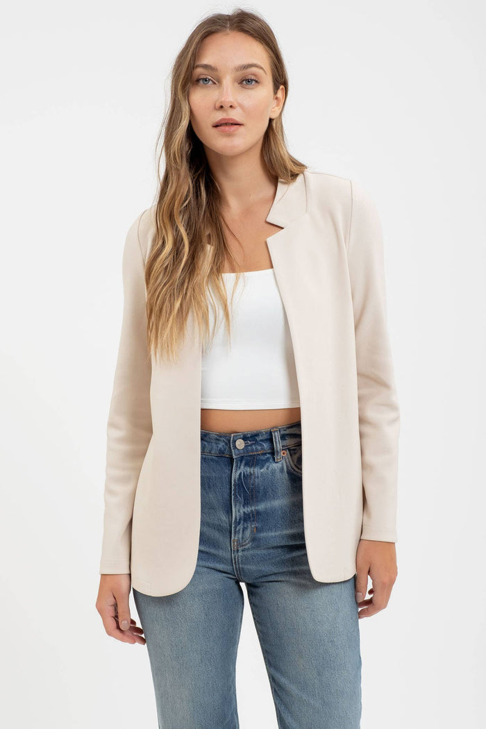 NOTCH COLLAR LONG SLEEVE LONG LINE BLAZER: OATMEAL