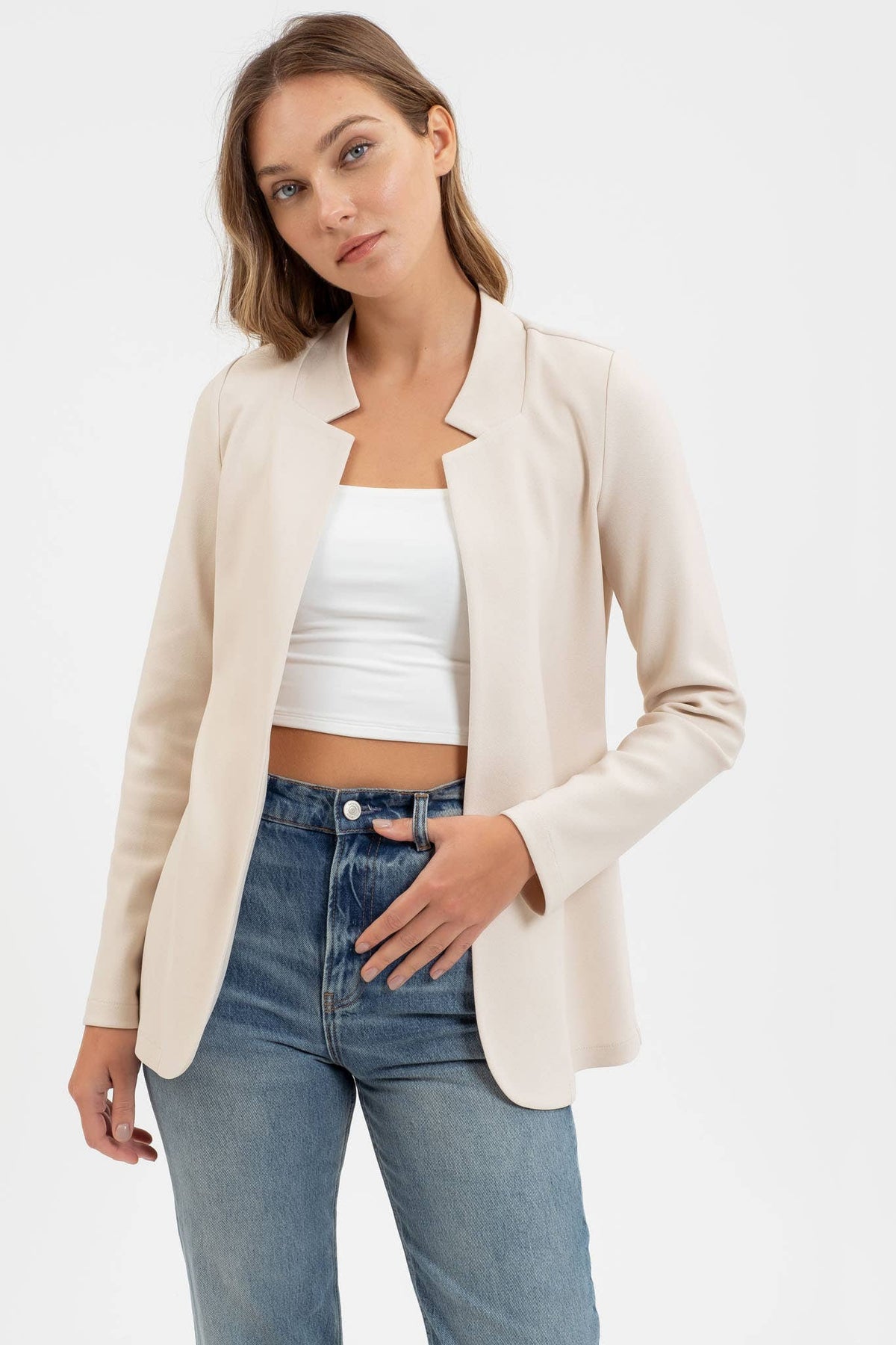 NOTCH COLLAR LONG SLEEVE LONG LINE BLAZER: OATMEAL