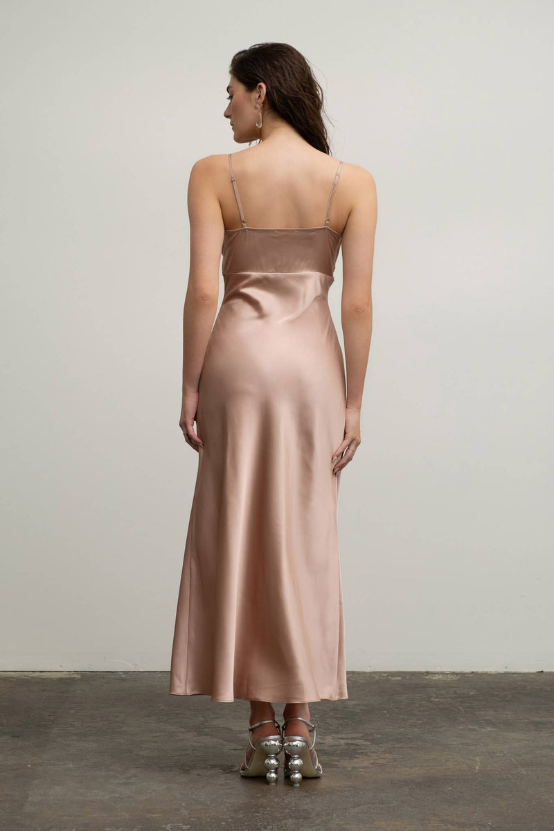 SATIN ROSETTE SLEEVELESS MAXI DRESS: BLUSH