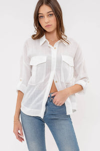 LIGHTWEIGHT COLLARED BUTTON DOWN 3/4 SLEEVE SHIRT: WHITE