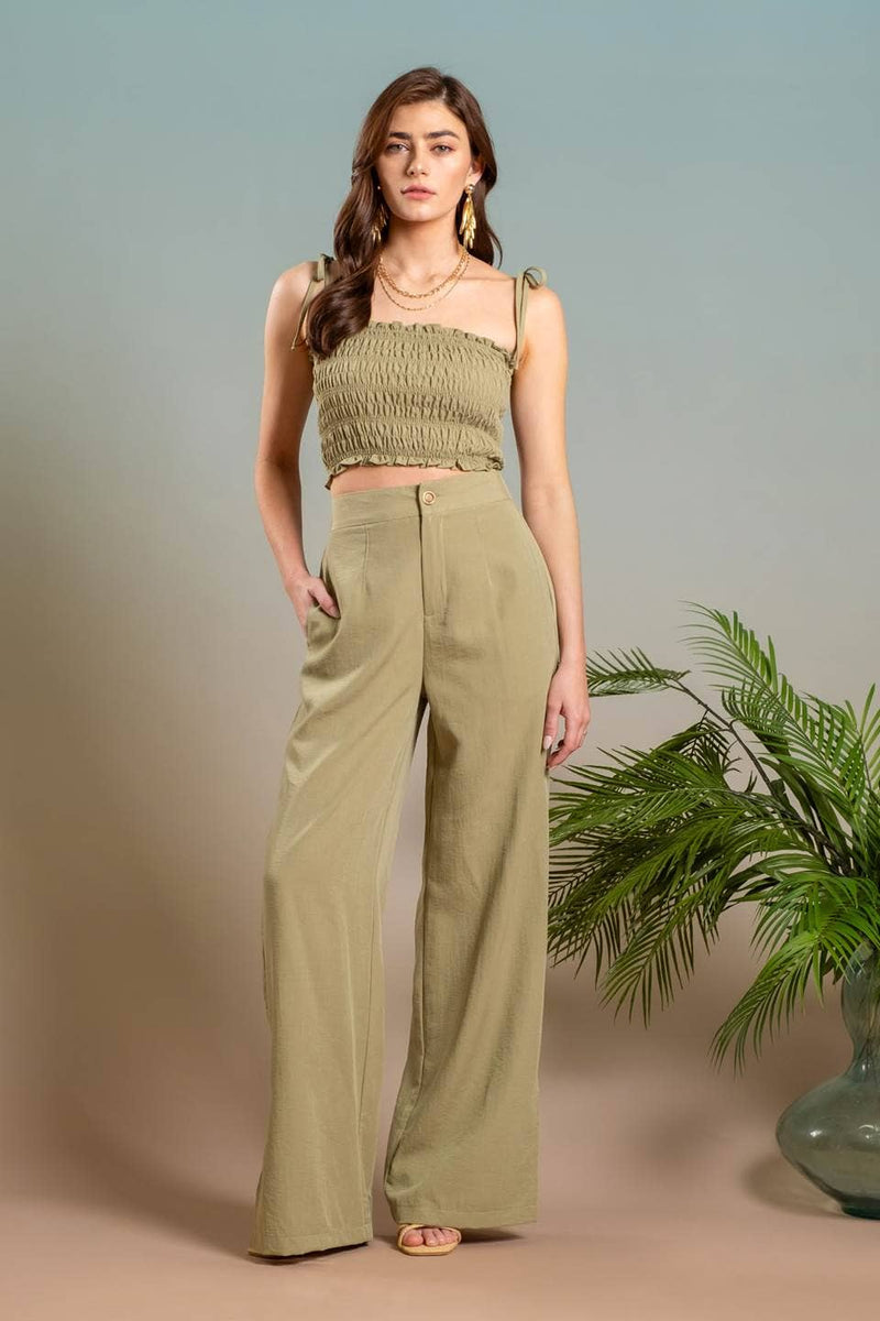 HIGH WAIST WIDE SPLIT LEG DRESS PANTS: OLIVE