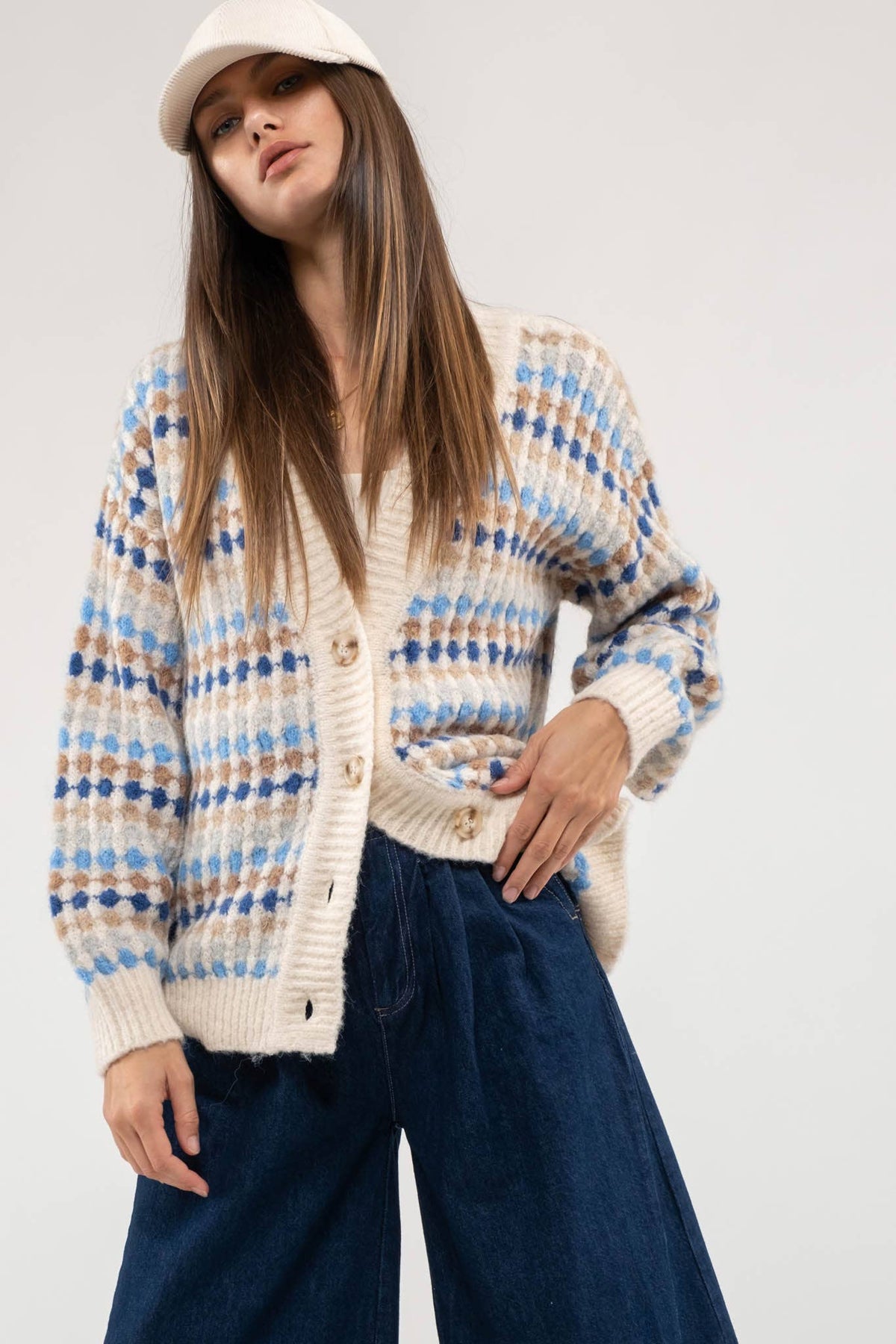 MULTICOLOR BOYFRIEND KNIT CARDIGAN: CREAM MULTI