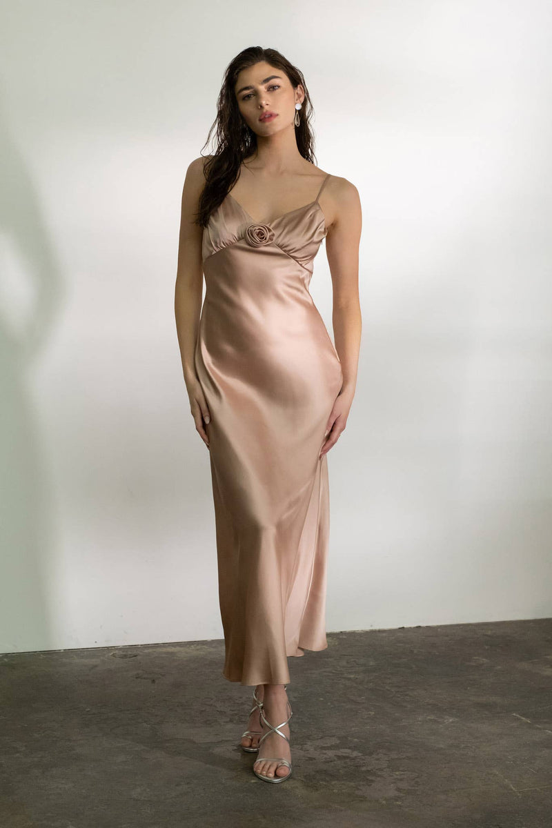 SATIN ROSETTE SLEEVELESS MAXI DRESS: BLUSH