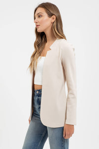 NOTCH COLLAR LONG SLEEVE LONG LINE BLAZER: OATMEAL