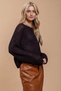 SHEER CREW NECK CROCHET KNIT SWEATER: MOCHA