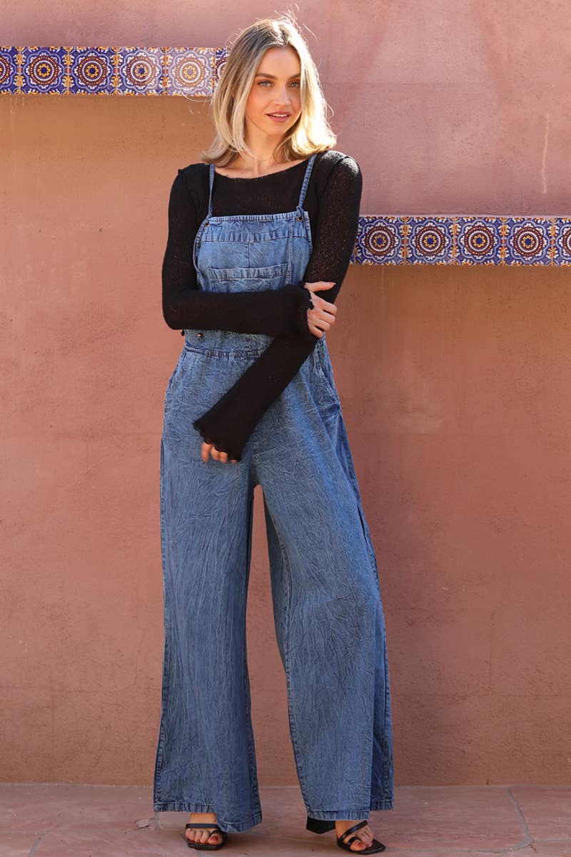 DENIM FLARE LEG OVERALLS JUMPSUIT: DENIM