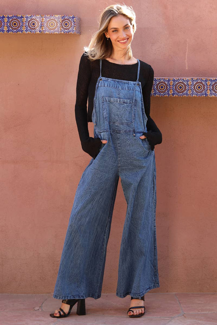 DENIM FLARE LEG OVERALLS JUMPSUIT: DENIM