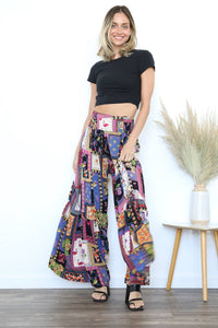 PRINTED WIDE LEG PANTS BLACK