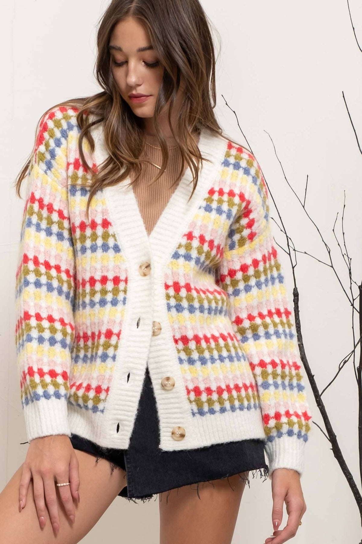 MULTICOLOR BOYFRIEND KNIT CARDIGAN: CREAM MULTI