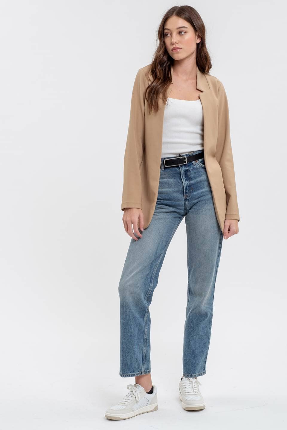 NOTCH COLLAR LONG SLEEVE LONG LINE BLAZER: OATMEAL