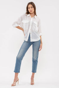 LIGHTWEIGHT COLLARED BUTTON DOWN 3/4 SLEEVE SHIRT: WHITE