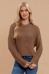 SHEER CREW NECK CROCHET KNIT SWEATER: MOCHA