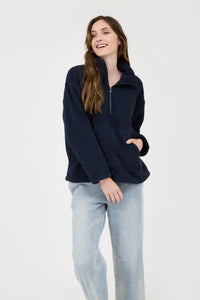 COLLARED HALF ZIP UP FLEECE JACKET: NAVY