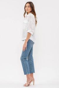 LIGHTWEIGHT COLLARED BUTTON DOWN 3/4 SLEEVE SHIRT: WHITE