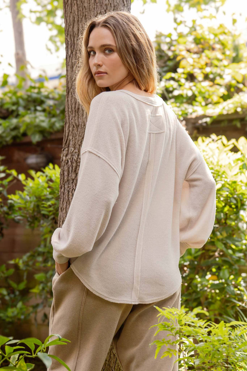 V NECK HALF BUTTON LONG SLEEVE KNIT TOP: OATMEAL