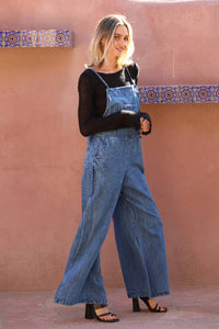 DENIM FLARE LEG OVERALLS JUMPSUIT: DENIM