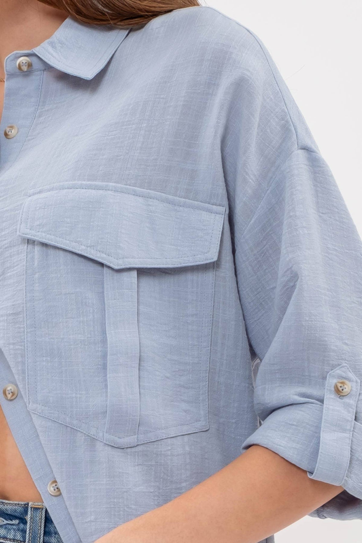 LIGHTWEIGHT COLLARED BUTTON DOWN 3/4 SLEEVE SHIRT: WHITE