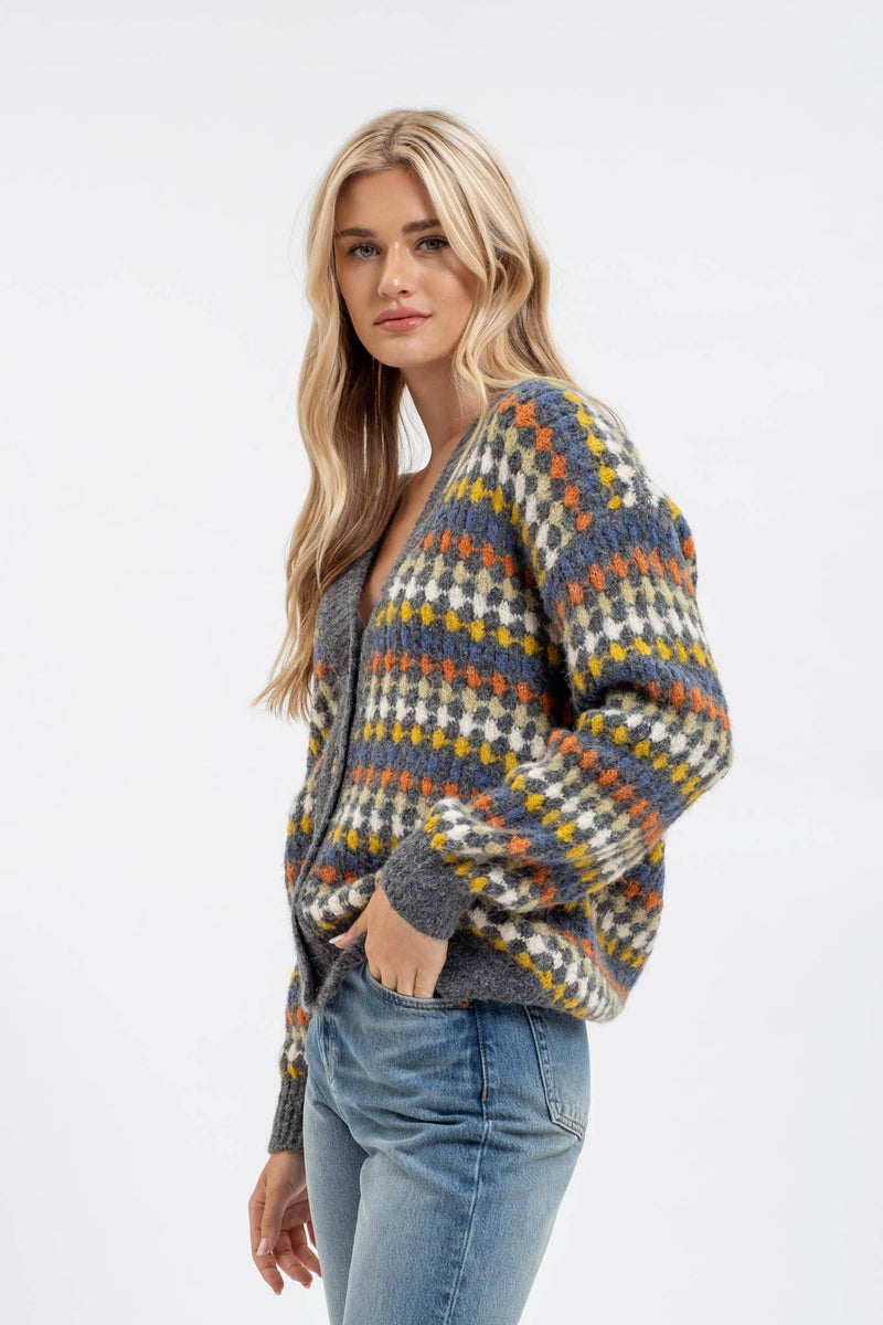 MULTICOLOR BOYFRIEND KNIT CARDIGAN: CHARCOAL MULTI