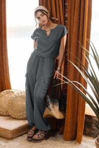 HIGH WAIST DRAWSTRING CARGO PANTS: CHARCOAL