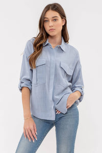 LIGHTWEIGHT COLLARED BUTTON DOWN 3/4 SLEEVE SHIRT: WHITE