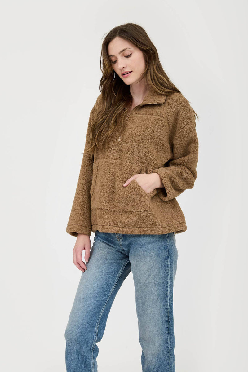 COLLARED HALF ZIP UP FLEECE JACKET: MOCHA