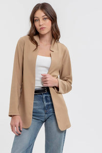 NOTCH COLLAR LONG SLEEVE LONG LINE BLAZER: OATMEAL