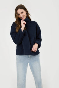 COLLARED HALF ZIP UP FLEECE JACKET: NAVY