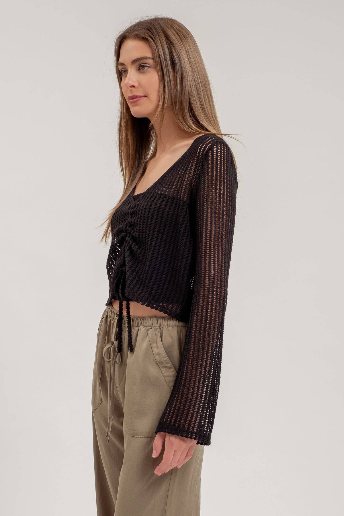 DRAWSTRING LONG SLEEVE SHEER CROCHET TOP: BLACK