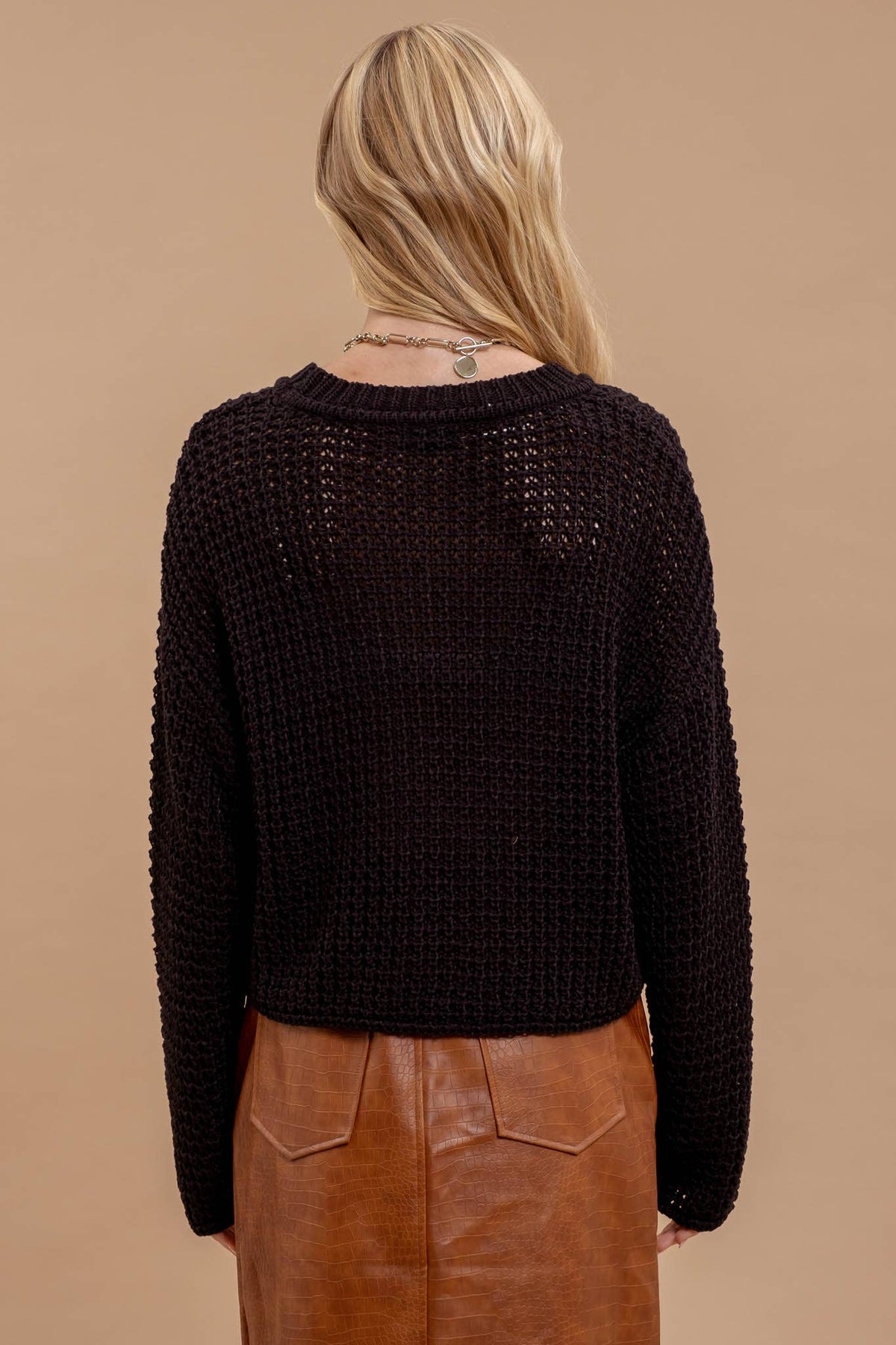 SHEER CREW NECK CROCHET KNIT SWEATER: MOCHA