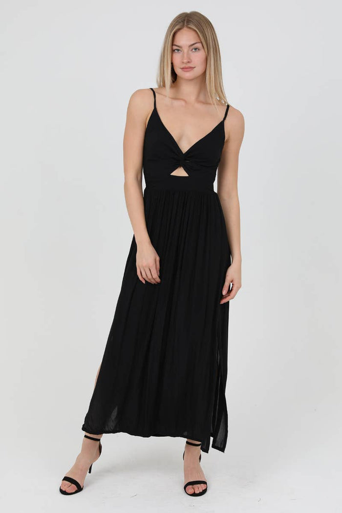 V NECK TWIST FRONT SIDE SLITS MAXI DRESS BLACK