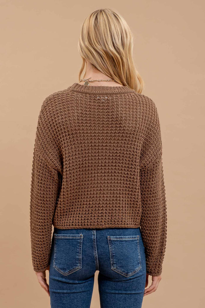 SHEER CREW NECK CROCHET KNIT SWEATER: MOCHA