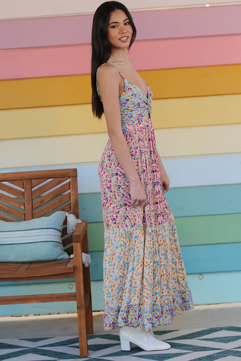 V NECK TWIST FRONT CUT OUT MAXI DRESS: MULTI