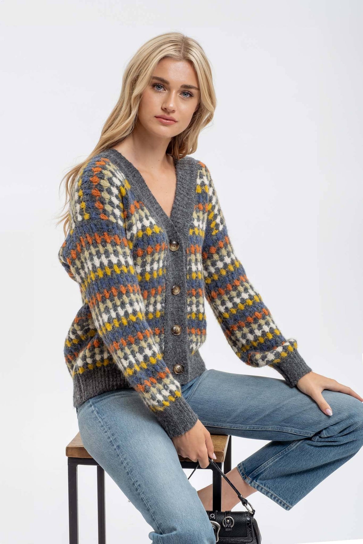 MULTICOLOR BOYFRIEND KNIT CARDIGAN: CHARCOAL MULTI