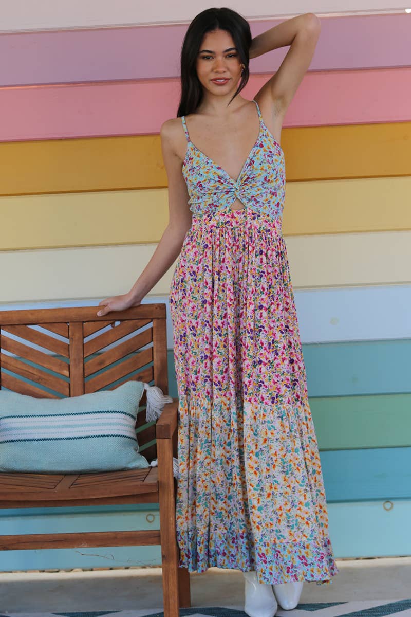 V NECK TWIST FRONT CUT OUT MAXI DRESS: MULTI