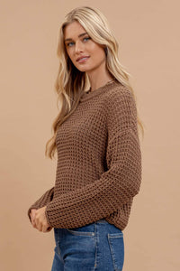 SHEER CREW NECK CROCHET KNIT SWEATER: MOCHA