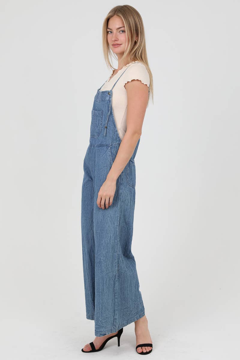 DENIM FLARE LEG OVERALLS JUMPSUIT: DENIM