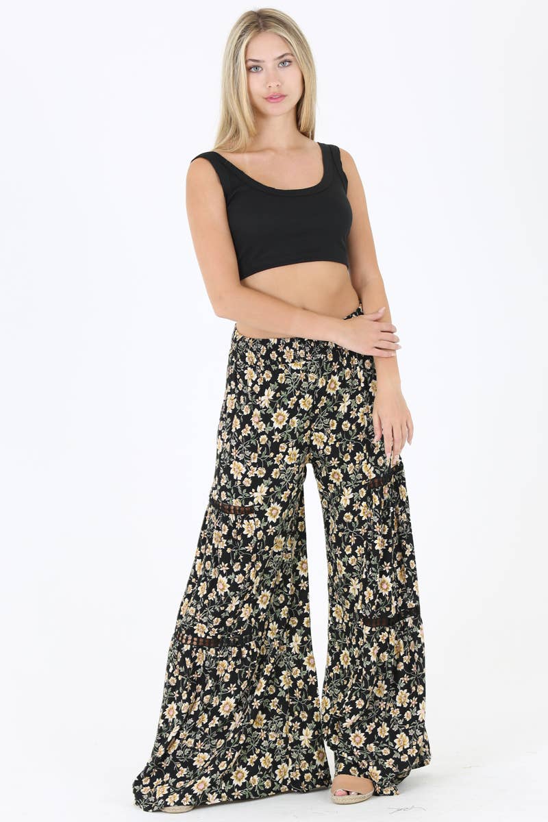 Wide Leg Pants with Lace Insets