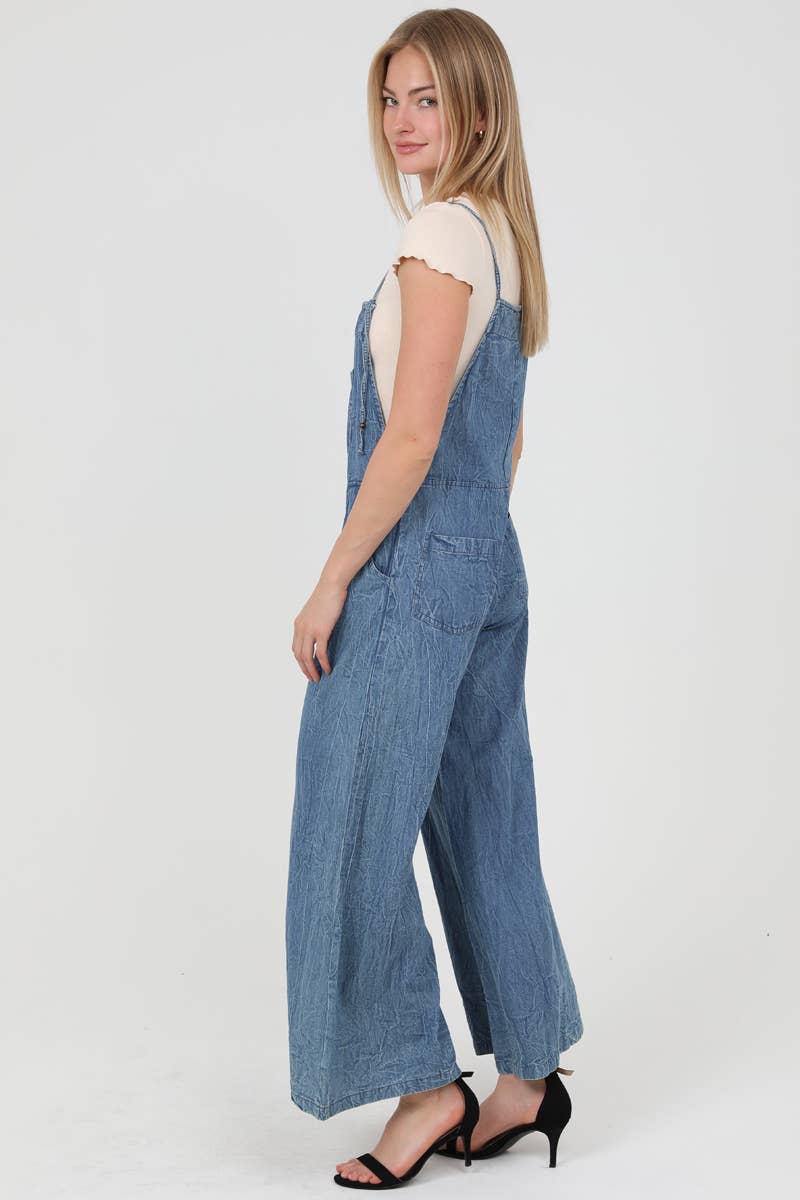 DENIM FLARE LEG OVERALLS JUMPSUIT: DENIM