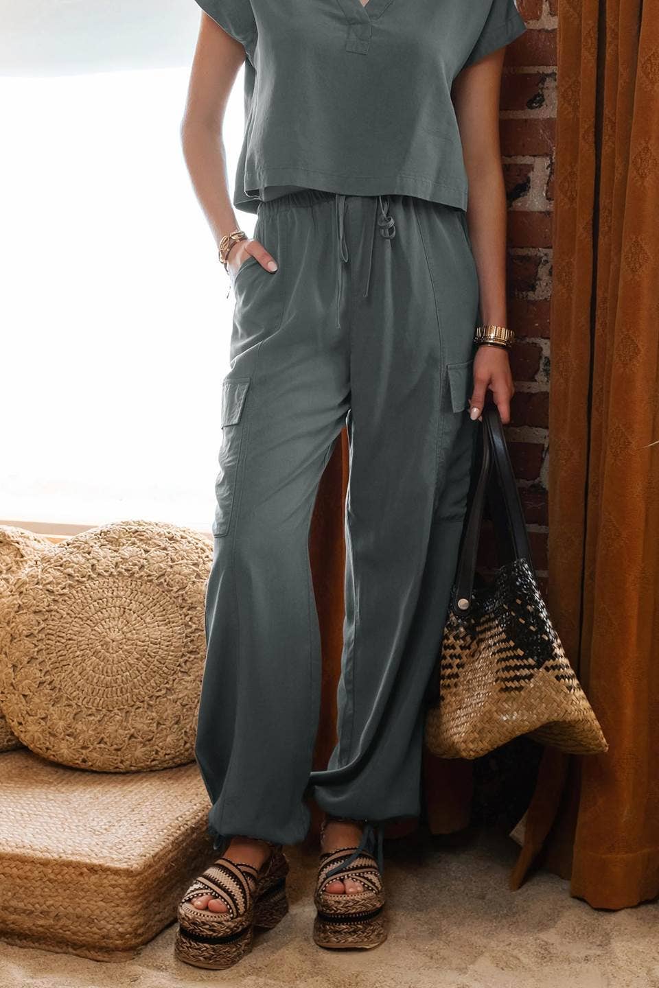 HIGH WAIST DRAWSTRING CARGO PANTS: CHARCOAL