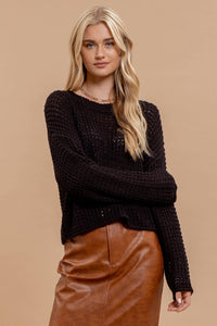 SHEER CREW NECK CROCHET KNIT SWEATER: MOCHA