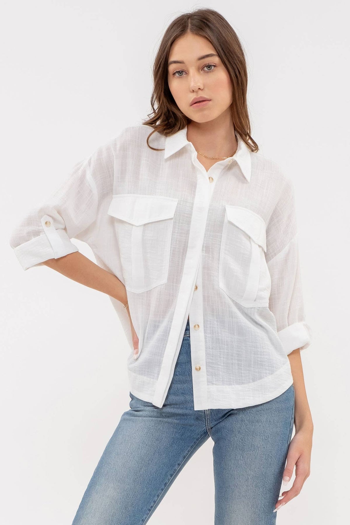 LIGHTWEIGHT COLLARED BUTTON DOWN 3/4 SLEEVE SHIRT: WHITE