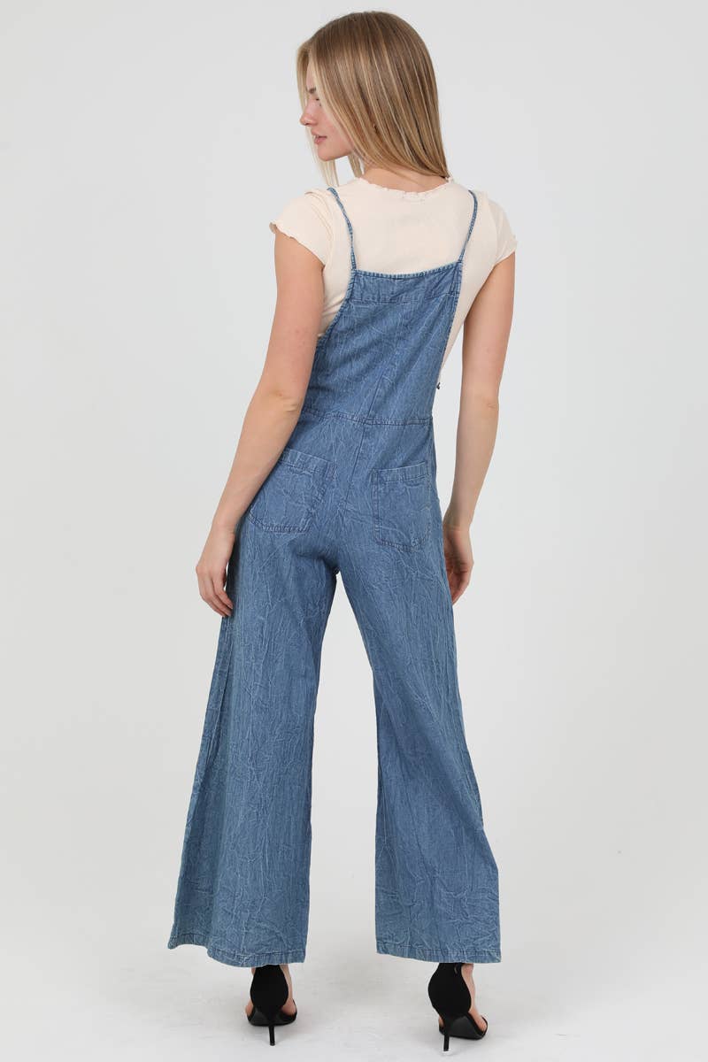 DENIM FLARE LEG OVERALLS JUMPSUIT: DENIM