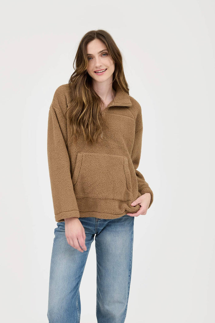 COLLARED HALF ZIP UP FLEECE JACKET: MOCHA