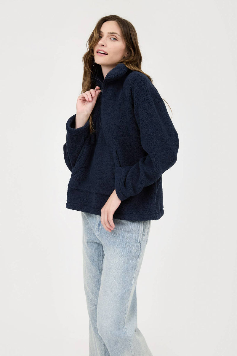 COLLARED HALF ZIP UP FLEECE JACKET: NAVY