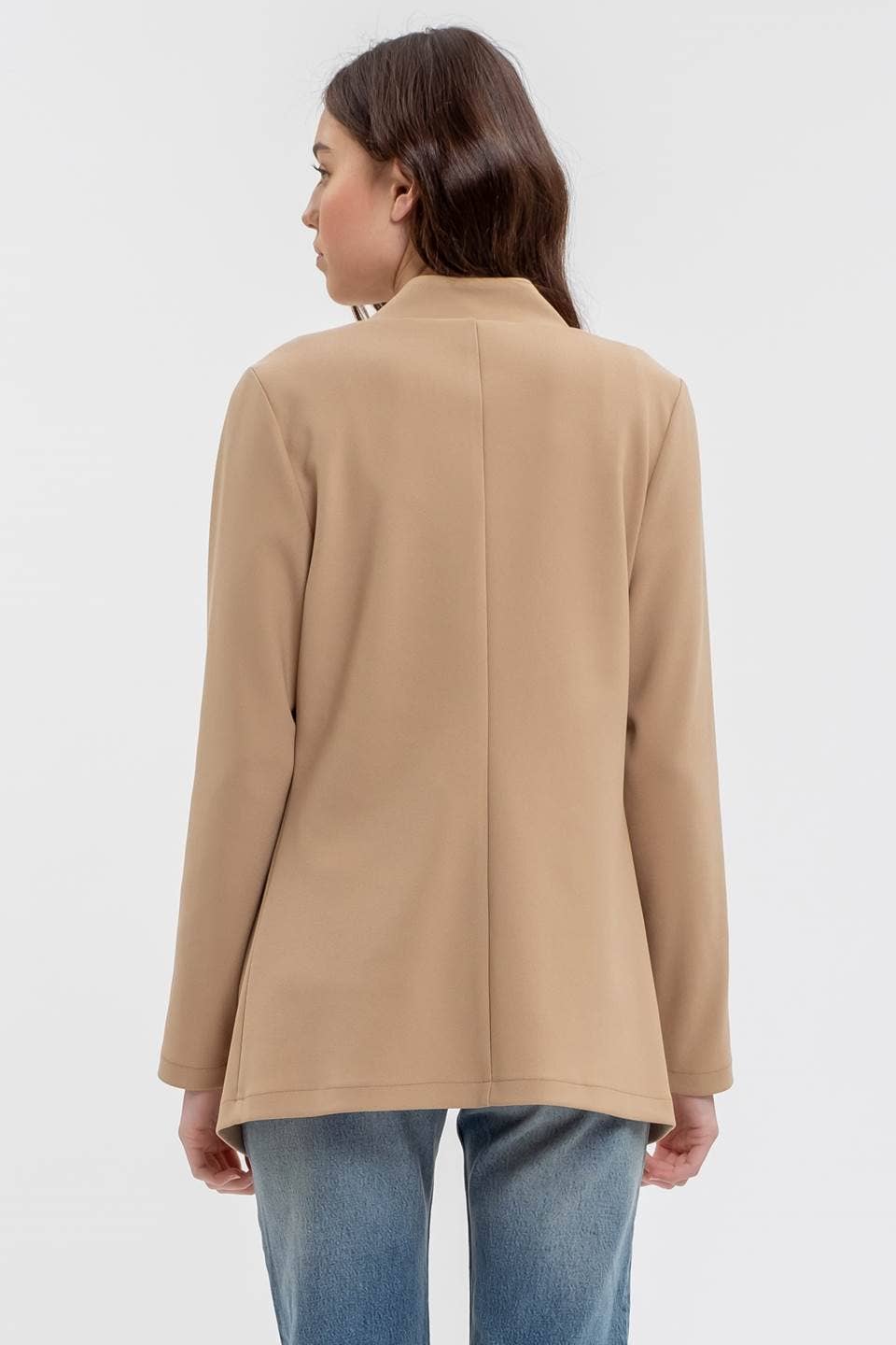 NOTCH COLLAR LONG SLEEVE LONG LINE BLAZER: OATMEAL