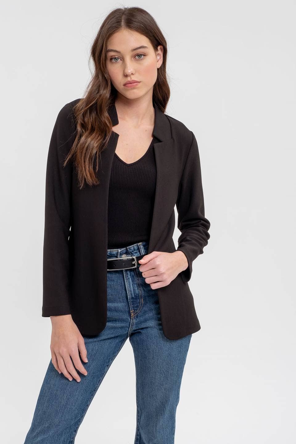 NOTCH COLLAR LONG SLEEVE LONG LINE BLAZER: OATMEAL